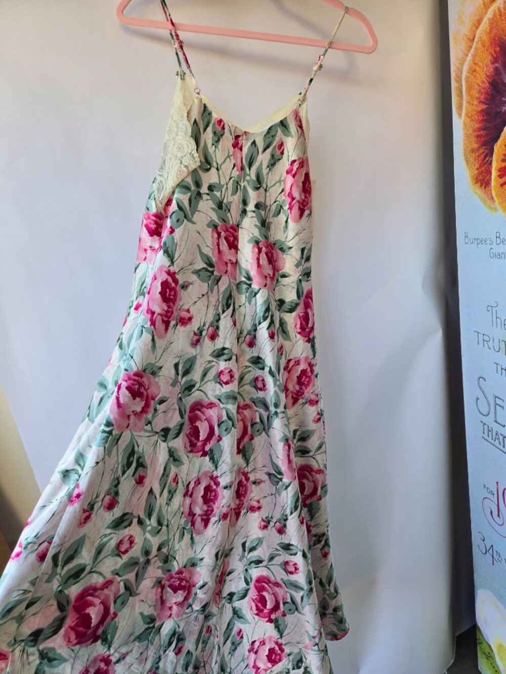 Vintage 90s Satin Rose Print Slip Dress Nightgown Maxi Fairycore Romantic Ballet - Picture 2 of 11